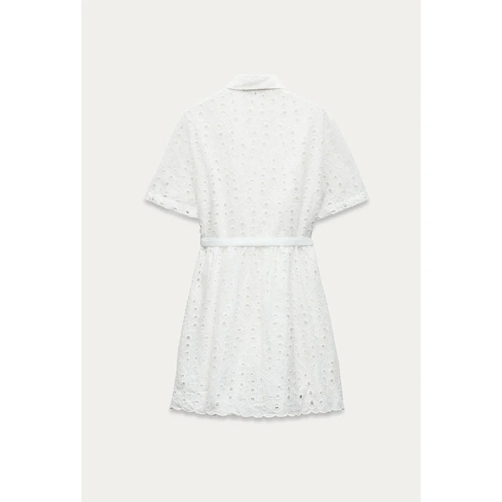 Zara Eyelet Shirt Dress medium White New Belted Scalloped Mini Embroidery - Picture 2 of 16
